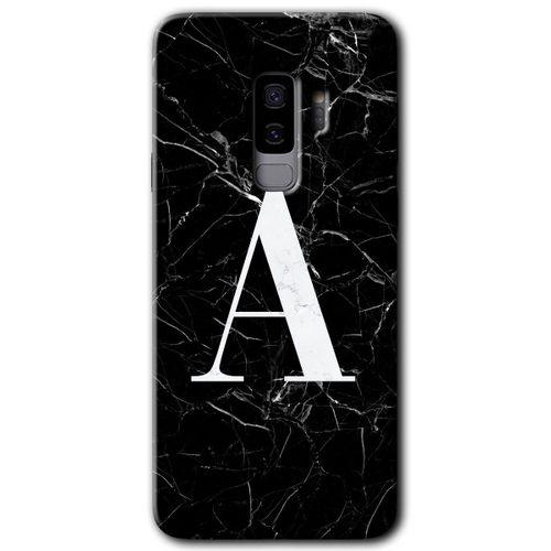 Samsung Galaxy S9 Plus Kılıf HD Desen Baskı Arka Kapak + Temperli Cam - Siyah Mermer Desenli A Harf
