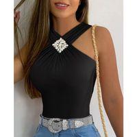 Kadın Yakası önden çaprazlı Taş Detaylı Viskon Bluz