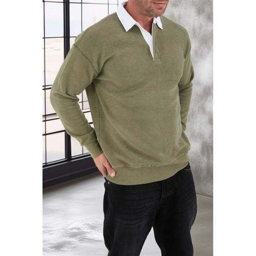 Polo Yaka Selanik Örme Kumaş Erkek Sweatshirt - Açık Haki