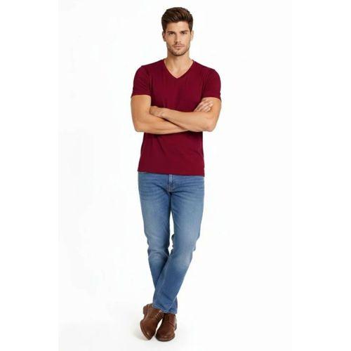 Erkek T-Shirt V Yaka Slim Fit Dar Kesim Likralı Tişört Günlük Basic Body - Bordo