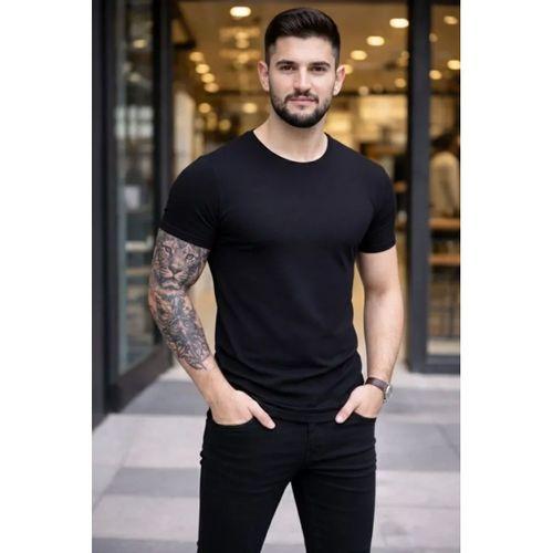 Erkek T-Shirt Bisiklet Yaka Slim Fit Dar Kesim Likralı Tişört Günlük Basic Body - Siyah