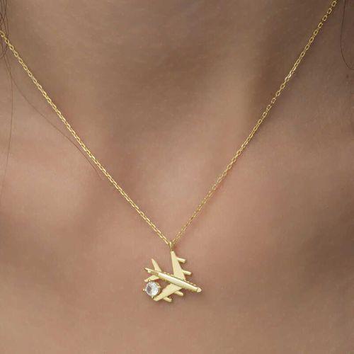 Lucky Life 925 Ayar Gumuss Gold Tek Taşlı Uçak Lucky Life Lucky Life Kadın Kolye