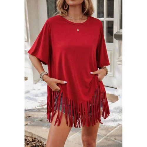 Kadın Kısa Kollu Bisiklet Yaka Püsküllü Viskon Bluz