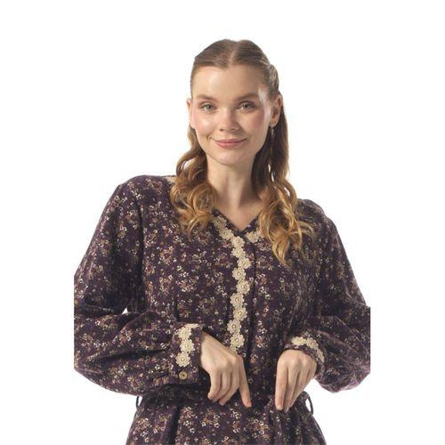 Vera Düğmeli Menekşe Desen Pazen Çift Cepli Kuşaklı Uzun Kollu Kışlık Uzun Elbise Mor Mor