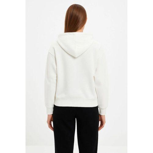 Oversize Kapüşonlu Sweatshirt Hoodie 3 İplik Şardonlu Pamuklu Kumaş, Önü Baskılı, Fermuarlı Rahat Kalıp, Kışlık Ve Sokak Stili Sweat - Beyaz