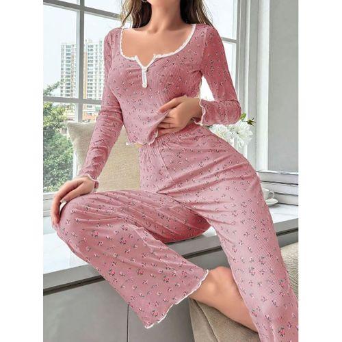 Kadın Çiçek Desenli Uzun Pijama Takımı Yumuşak Pamuklu Rahat Ev Giyimi Özel Tasarım