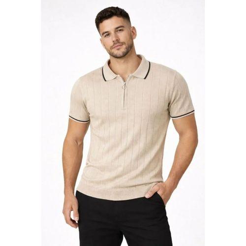 Erkek Fermuarlı Yaka Fitilli Triko Kısa Kollu Regular Fit Tişört T-shirt - Bej