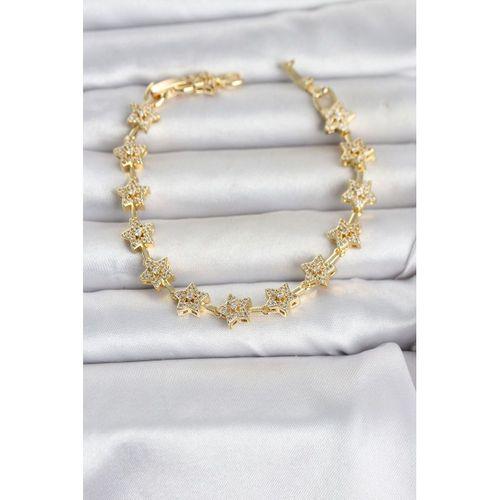 Pirinç Gold Renk Zirkon Taşlı Sıralı Yıldız Model Kadın Bileklik