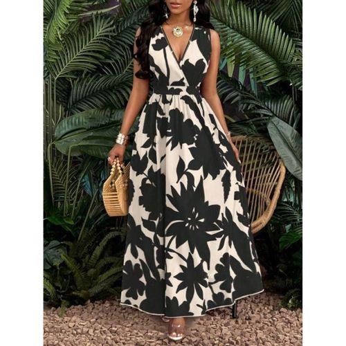 Kadın Askılı Kruvaze Yakalı çiçek Desenli Uzun Süprem Elbise