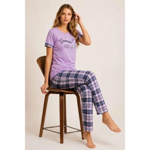 Pamuklu Penye Summer Baskılı Kısa Kollu Pijama Takımı Bisiklet Yaka Ekose Desenli - Lila