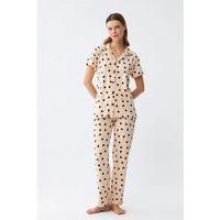 Kadın Krem Rengi Kalp Desenli Önden Düğmeli Pijama Takımı