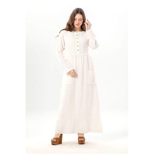 Uzun Kol Dora Yuvarlak Yaka Düğmeli Çift Cepli Yazlık Uzun Müslin Elbise Kırık Beyaz KrkByz
