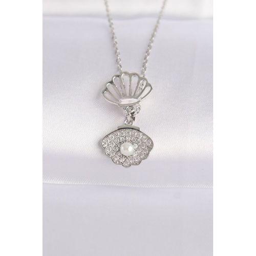 316L Çelik Zincir Gümüş Renk Zirkon Taşlı İnci Detay İstiridye Kolye