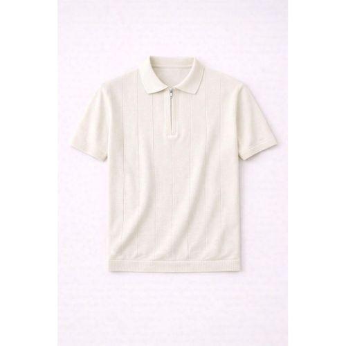 Ritchie Fermuarlı Polo Yaka Dikey Çizgili Kısa Kollu İnce Triko Erkek T-Shirt - Bej