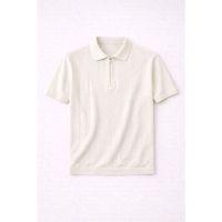 Ritchie Fermuarlı Polo Yaka Dikey Çizgili Kısa Kollu İnce Triko Erkek T-Shirt - Bej