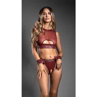 Deri Bordo Tül Büstiyerli Özel Bölgesi Açık Fantezi Takım