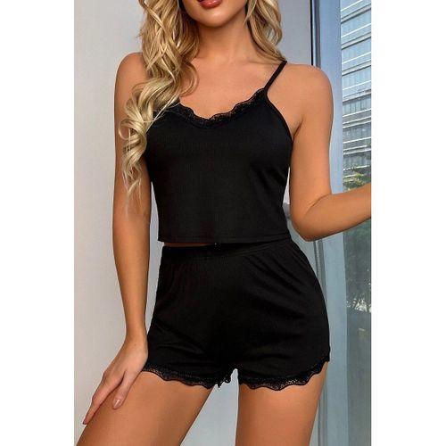 Kadın Siyah Alt Ve Üst Dantel Detaylı Şortlu Gecelik Takımı