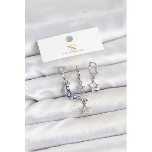Pirinç Gümüş Renk Zirkon Taşlı Ay ve Yıldız Model YSX Trio Küpe Seti