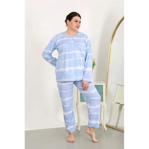 Kadın Büyük Beden Uzun Kol Penye Pijama Takımı Mavi