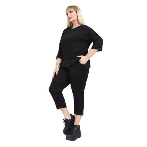 Melsay Butik Siyah Taş Baskı Şeritli Büyük Beden Kadın Kapri Takımı