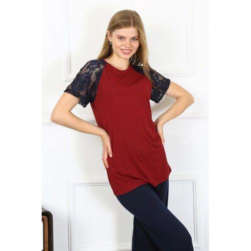 Kadın Kolu Dantelli Penye Pijama Takım Bordo