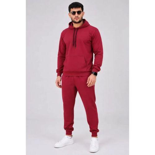 Erkek İki İplik Kapüşonlu Kanguru Cepli Sweatshirt Jogger Pantolon Alt Üst Eşofman Takımı -Bordo