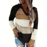 Kadın Uzun Kollu V Yakalı Bağcıklı Kapşonlu Triko Bluz