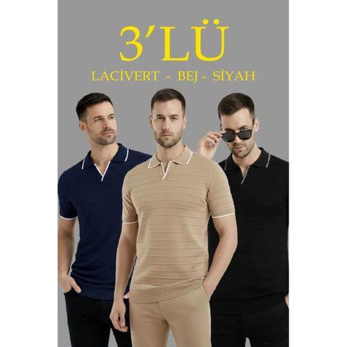 Erkek 3’lü Paket Triko Yakalı Düğmesiz Açık Yaka Fitilli Kısa Kollu Regular Fit Tişört - Lacivert, Bej, Siyah