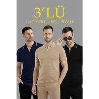 Erkek 3’lü Paket Triko Yakalı Düğmesiz Açık Yaka Fitilli Kısa Kollu Regular Fit Tişört - Lacivert, Bej, Siyah