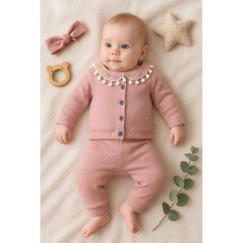 Çiçek Nakışlı Düşmeli Bandanalı Kız Bebek Takımı