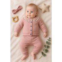 Çiçek Nakışlı Düşmeli Bandanalı Kız Bebek Takımı