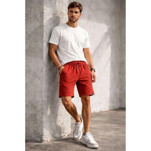 Erkek Otoban Dokuma Şort Beli Lastikli Bağcıklı, Cepli, Rahat Kesim Günlük Yazlık Şort - Turuncu