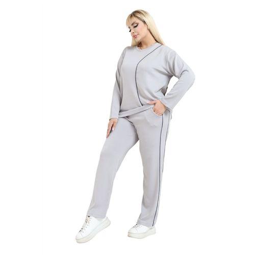 Melsay Butik Büyük Beden Açık Gri Lacivert Çizgi Detay Modal Kadın Eşofman Takımı