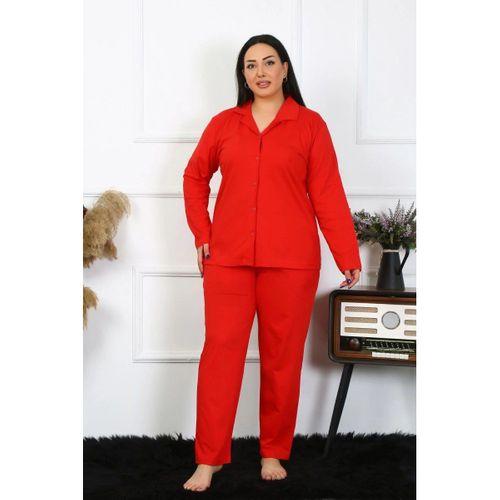 Kadın Büyük Beden Pamuklu Cepli Düğmeli Kırmızı Pijama Takım