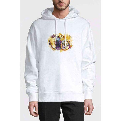 Film Camera Çizim Kamera Baskılı Beyaz Erkek Kapşonlu Sweatshirt
