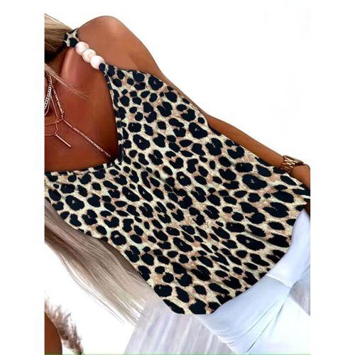 Kadın Askılı V Yakalı Boncuk Detaylı Leopar Desenli Süprem Bluz