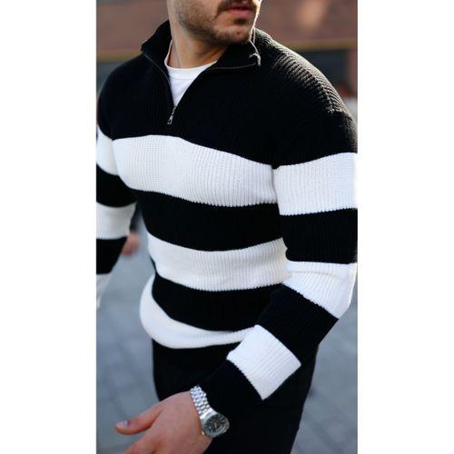 Erkek Şerit Renk Desenli Zip Yaka Kazak