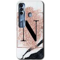 MRCİLETİSİM Tecno Spark 7 Pro Kılıf HD Desen Baskılı Arka Kapak+Temperli Cam - Pembe Mermer Desenli N Harfi