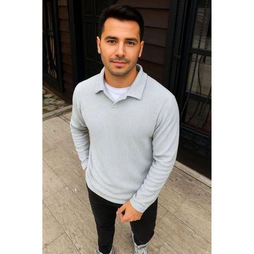 Erkek Fitilli Polar Sweatshirt – Düğmesiz Polo Yaka, Oversize Rahat Kalıp, Kalın Polar Kumaş, Kışlık Ve Baharlık Şık Günlük Üst - Gri