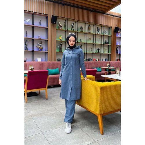 Kapşonlu Düğmeli Sade Basic Uzun Tunik ve Pantolon İkili Spor Takım - 03072.006 - İndigo