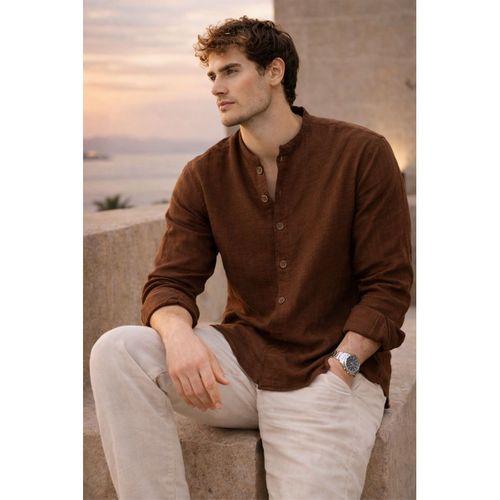 Hafif ve Nefes Alabilir Erkek Müslin Yarım Pat Hakim Yaka Oversize Gömlek - Kahve