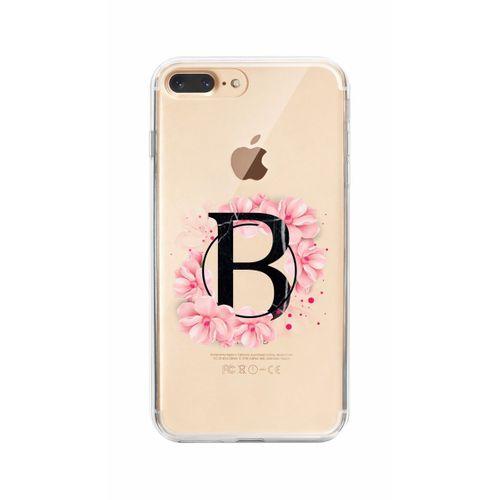 iPhone 8 Plus Pembe Çiçek Desen B Harfli Şeffaf Kılıf