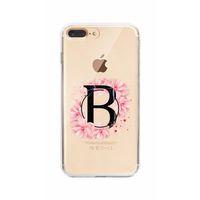 iPhone 8 Plus Pembe Çiçek Desen B Harfli Şeffaf Kılıf