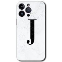 Potkal Hediye Fabrikası iPhone 14 Pro HD Baskılı Kılıf + 9D Tam Ekran Koruyucu - Beyaz Mermer Desenli J Harfi