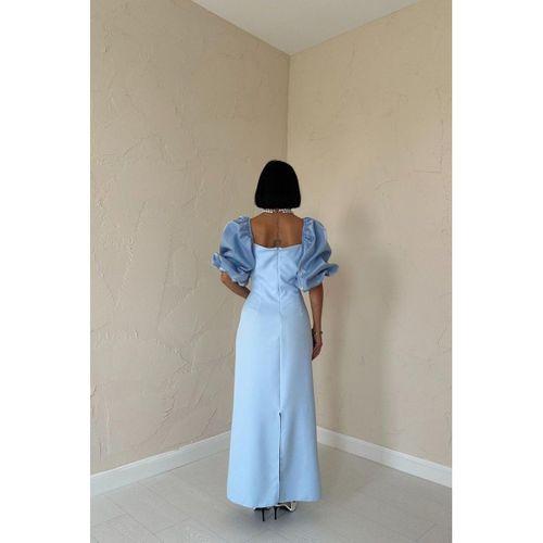 Bebe Mavi İşlemeli Kolu Garnili Elbise