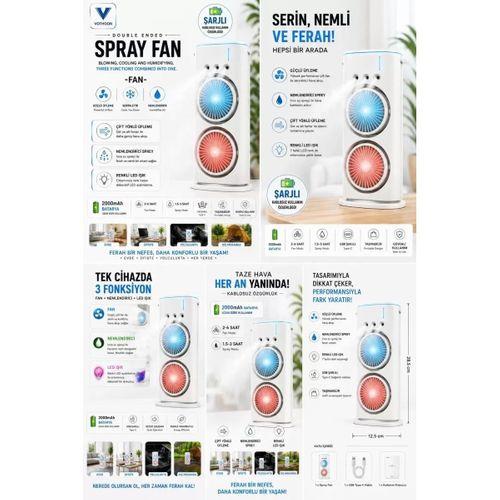 Çift Başlıklı Sprey Fan Nemlendirici Ve Renkli Led Işıklı Beyaz