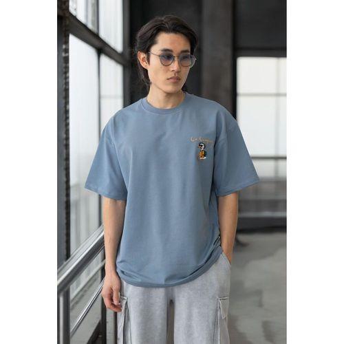 Cep Baskılı İki İplik Kumaş Pamuklu Oversize Erkek T-Shirt - Soğuk Mavi