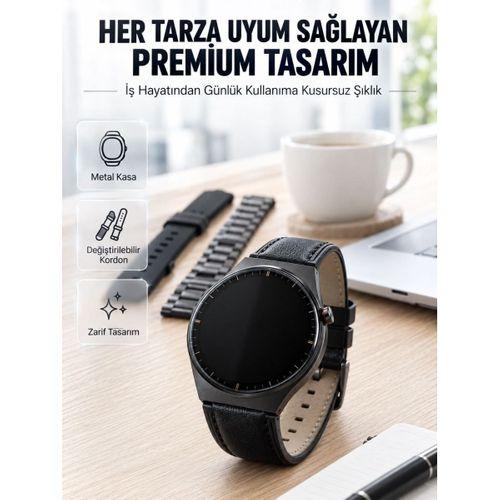 3 Kordonlu Amoled Ekran Bluetooth Aramalı Akıllı Saat Metal, Deri Ve Silikon Kordon Seti