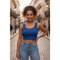 Kadın Lacivert Modern Fit Kare Yaka Crop Top Bluz
