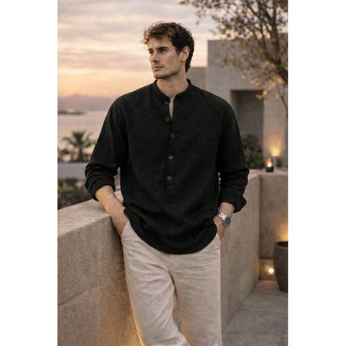 Hafif ve Nefes Alabilir Erkek Müslin Yarım Pat Hakim Yaka Oversize Gömlek - Siyah